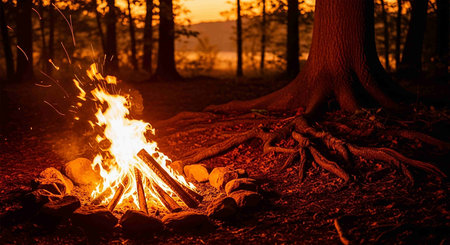 Bonfire in the forest at sunset. Camping in the woods.の写真素材