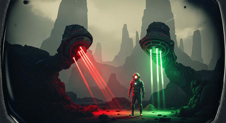 Astronaut standing in front of giant UFO spaceship. Mixed media