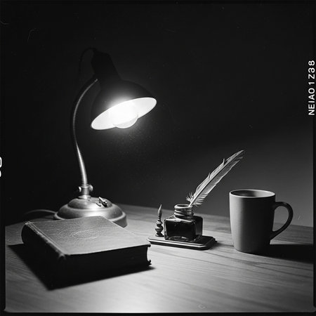 Black and white image of a desk lamp, book and inkwell