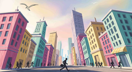 City street with skyscrapers and people walking. Vector illustration.の写真素材