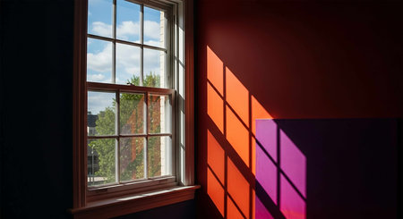 Window in a room with a view of the forest and blue sky