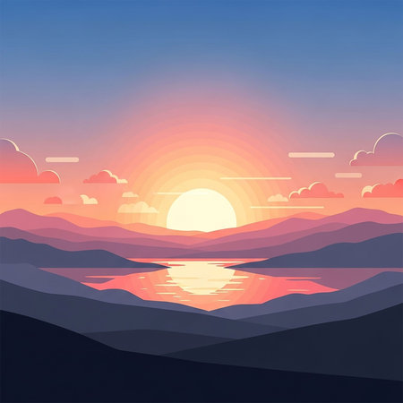 Beautiful sunset over the mountains and the lake. Vector illustration.の写真素材