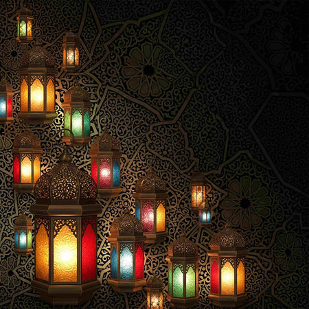 Arabic lanterns on a dark background. Ramadan Kareem.