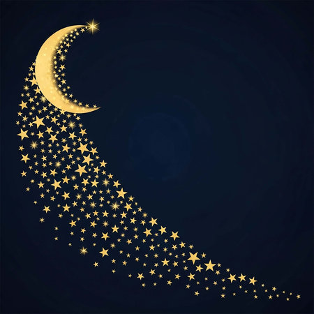 Golden crescent moon and stars on a dark blue background. Vector illustration.の写真素材