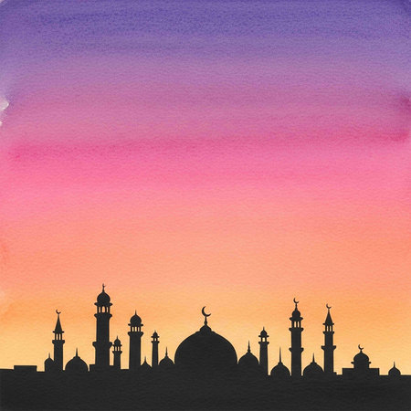 Mosque silhouette on colorful watercolor background. Ramadan Kareem.の写真素材