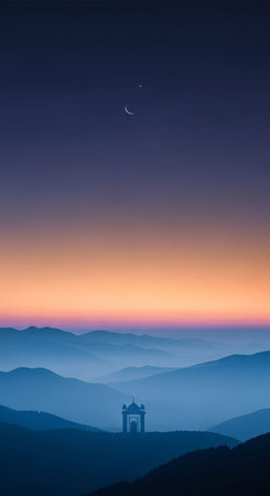 Majestic twilight in the mountains landscape. Dramatic sky with clouds and moon.の写真素材