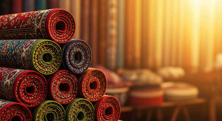 Rolled up colorful carpet rolls in textile shop. 3d renderingの写真素材