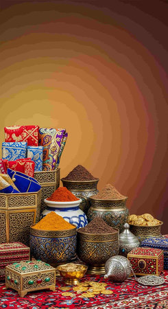 Colorful spices in oriental ornaments on the table.