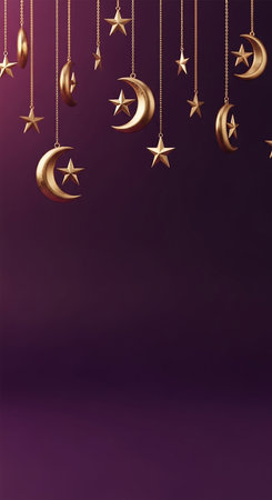 Ramadan Kareem greeting card. Golden crescent moon and stars hanging on purple background.の写真素材