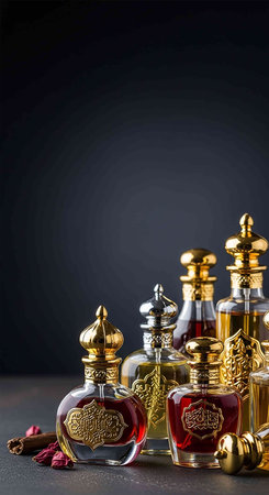 Perfume bottle with vintage ornaments on black background.の写真素材