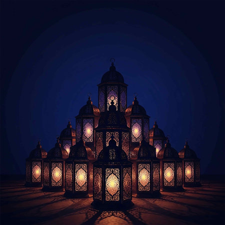 Illustration of Ramadan Kareem greeting card with Arabic lanterns.の写真素材