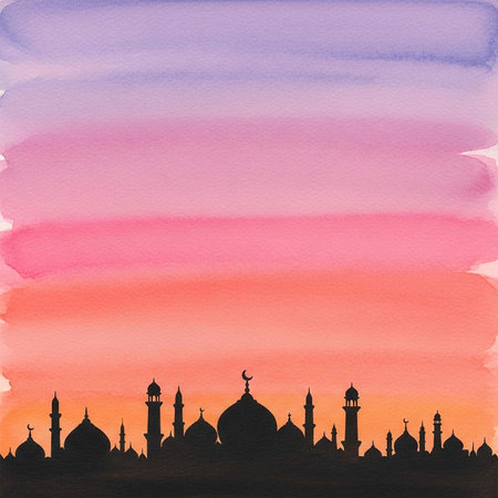 Watercolor background with mosque silhouette. Ramadan Kareem greeting card.の写真素材