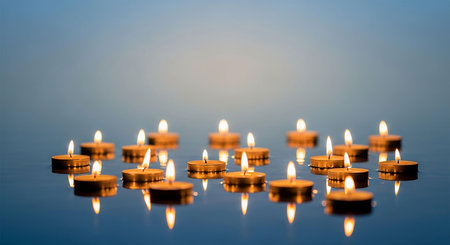 Many burning candles on blue background. Shallow depth of field.の写真素材