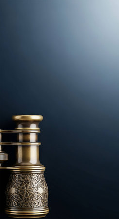 Antique brass binoculars on a dark blue background with copy spaceの写真素材