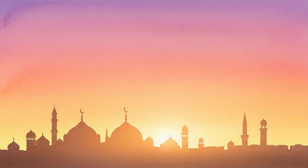 Mosque silhouette on colorful sunset background. Digital watercolor painting.の写真素材
