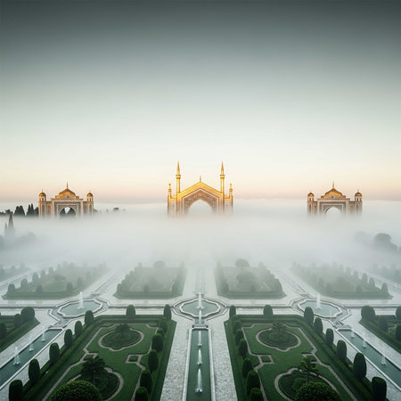 Foggy morning in the city park. Landscape with mosque.の写真素材