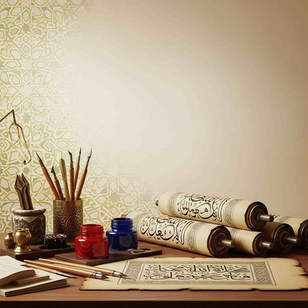 Painting tools and sketches on a wooden table in a room.の写真素材