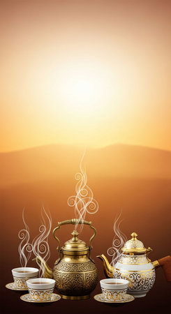 Tea ceremony background with teapot, cups and saucersの写真素材