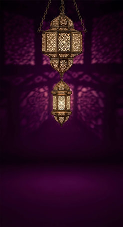 Ramadan Kareem background with arabic lanterns on purple backgroundの写真素材