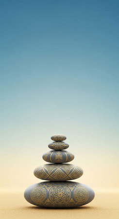 Zen stones on the sand with blue sky background. 3d rendering