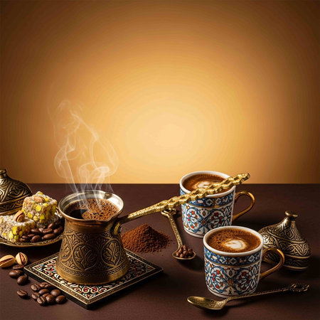 Coffee cup and turkish coffee pot on brown background.の写真素材
