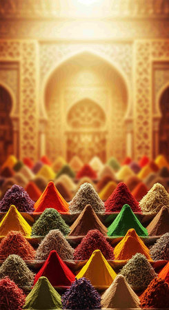 Colorful powders in a wooden bowl on the background of the mosqueの写真素材