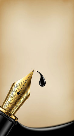 Fountain pen and ink drop on old paper background with copy spaceの写真素材