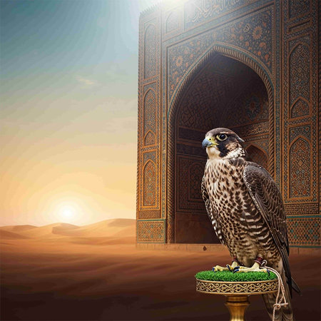 Falcon on a pedestal in the desert. Illustration.