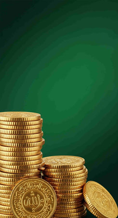Pile of gold coins on a green background. Vector illustration.