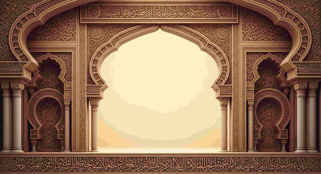 Background with arabic window and golden pattern. Vector illustration.の写真素材