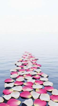 pink and white lotus petals on the water with copy spaceの写真素材