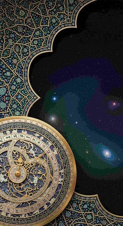 Astronomical clock in oriental style on the background of the starry skyの写真素材