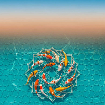 Koi fish swimming in the pool. Top view, copy spaceの写真素材