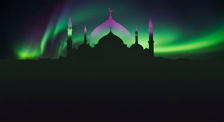 Aurora borealis over the mosque in the night. Vector illustrationの写真素材