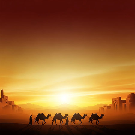 background with camels and sunset. Vector illustrationの写真素材