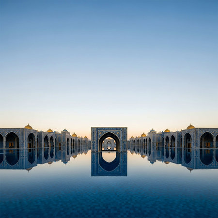 Mosque reflection in the water at sunset, Abu Dhabi, United Arab Emiratesの写真素材