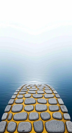 Pavement in the sea on a background of blue sky and cloudsの写真素材