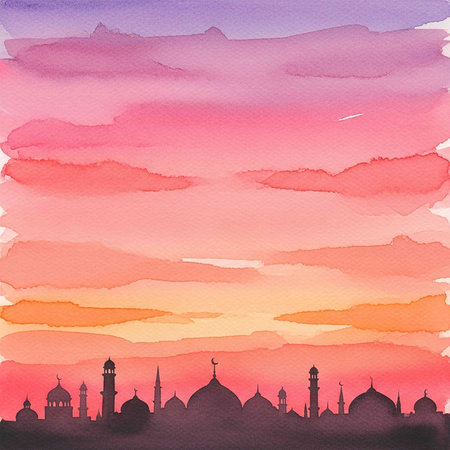 Abstract watercolor background with mosque silhouettes. Digital art painting.の写真素材