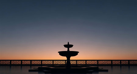 Fountain on the background of the sunset. 3d rendering.の写真素材