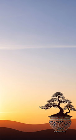 Bonsai tree in a pot against the background of the sunsetの写真素材