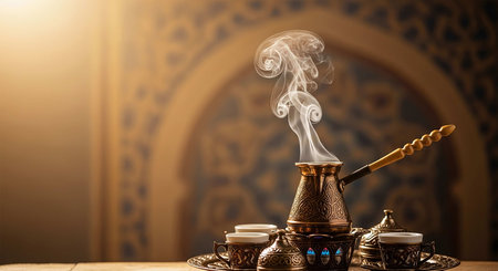 Arabic coffee pot with smoke on a wooden table, oriental backgroundの写真素材
