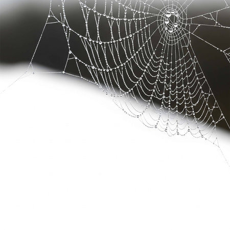 Spider web with dew drops on a white background, close-up