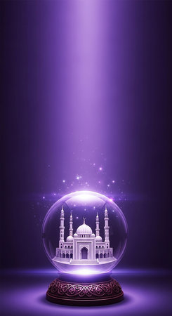 Ramadan Kareem greeting card with magic crystal ball and mosque. Vector illustration.の写真素材