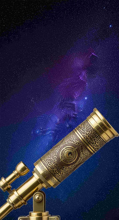 Telescope on a starry night sky background. Collage.の写真素材