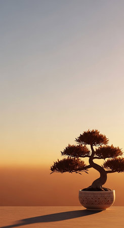 Bonsai tree in a pot at sunset. 3D renderingの写真素材