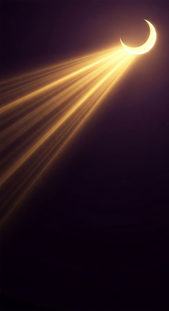 Background with crescent moon and rays of lightの写真素材