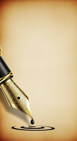 Fountain pen drawing a drop of water on old paper background.の写真素材