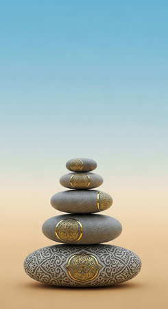 Stack of zen stones on blue background. 3D illustration.の写真素材
