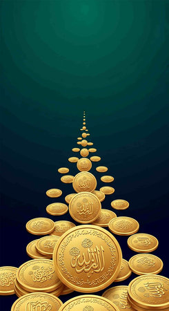 Illustration of a tree made of golden coins on a green backgroundの写真素材