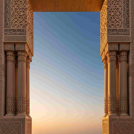Arabic portal with columns and arches at sunset, 3d renderの写真素材